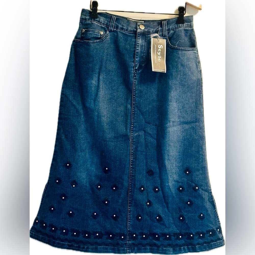 NWT Style Women's Midi Blue Denim Skirt with slits on the sides